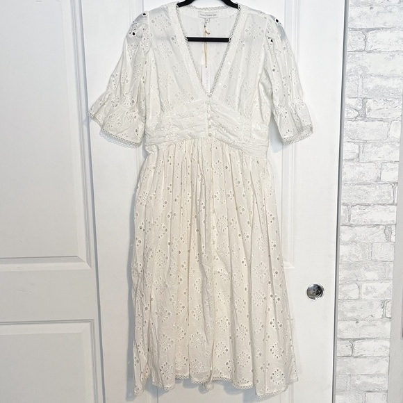 House of Harlow 1960 White eyelet button front puff sleeve midi dress - Picture 3 of 12